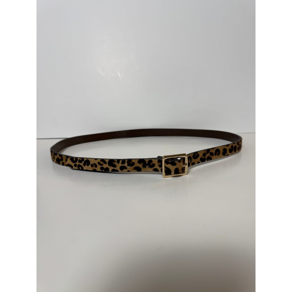 Women's Skinny Leopard Print Calf Hair Belt Gold Tone Square Buckle Brown